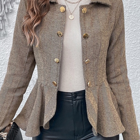 Classic Brown Herringbone Ruffle Hem Open Front Jacket Coat - Picture 2 of 9